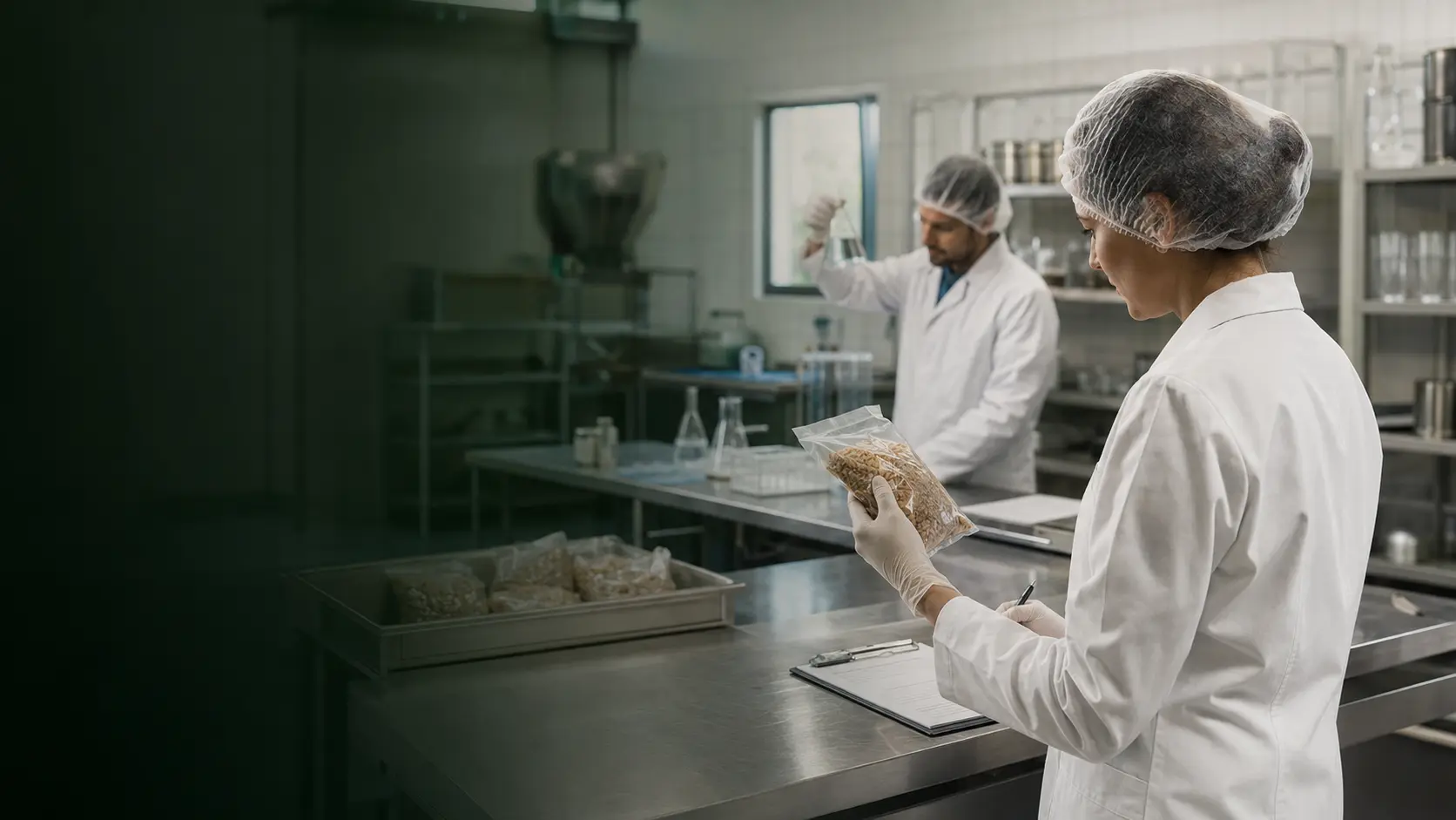 Специалист по безопасност на храните проверява продукт и документира контрола в производствена среда
